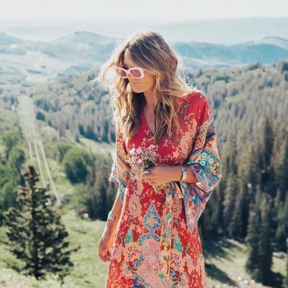 Red Floral Gypsy Kimono Long Button Up Maxi Dress - Picture 1 of 16